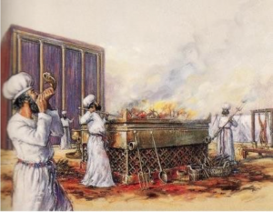 Bringing the sacrifices by the first priest of the tabernacle